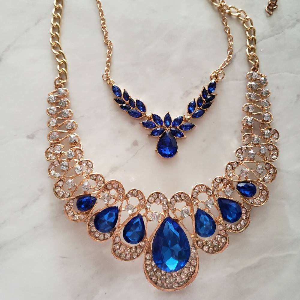 2 Blue & Gold Statement Necklaces ♡